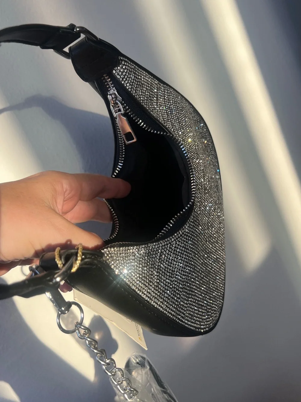 Black Crystal-Embellished Shoulder Rhinestone Crescent Shoulder Bag – Sparkly